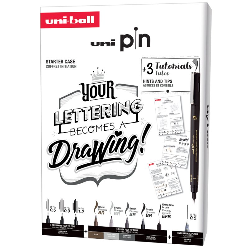 uni-ball lettering starterset, 9-delig, fineliners en penselpunten